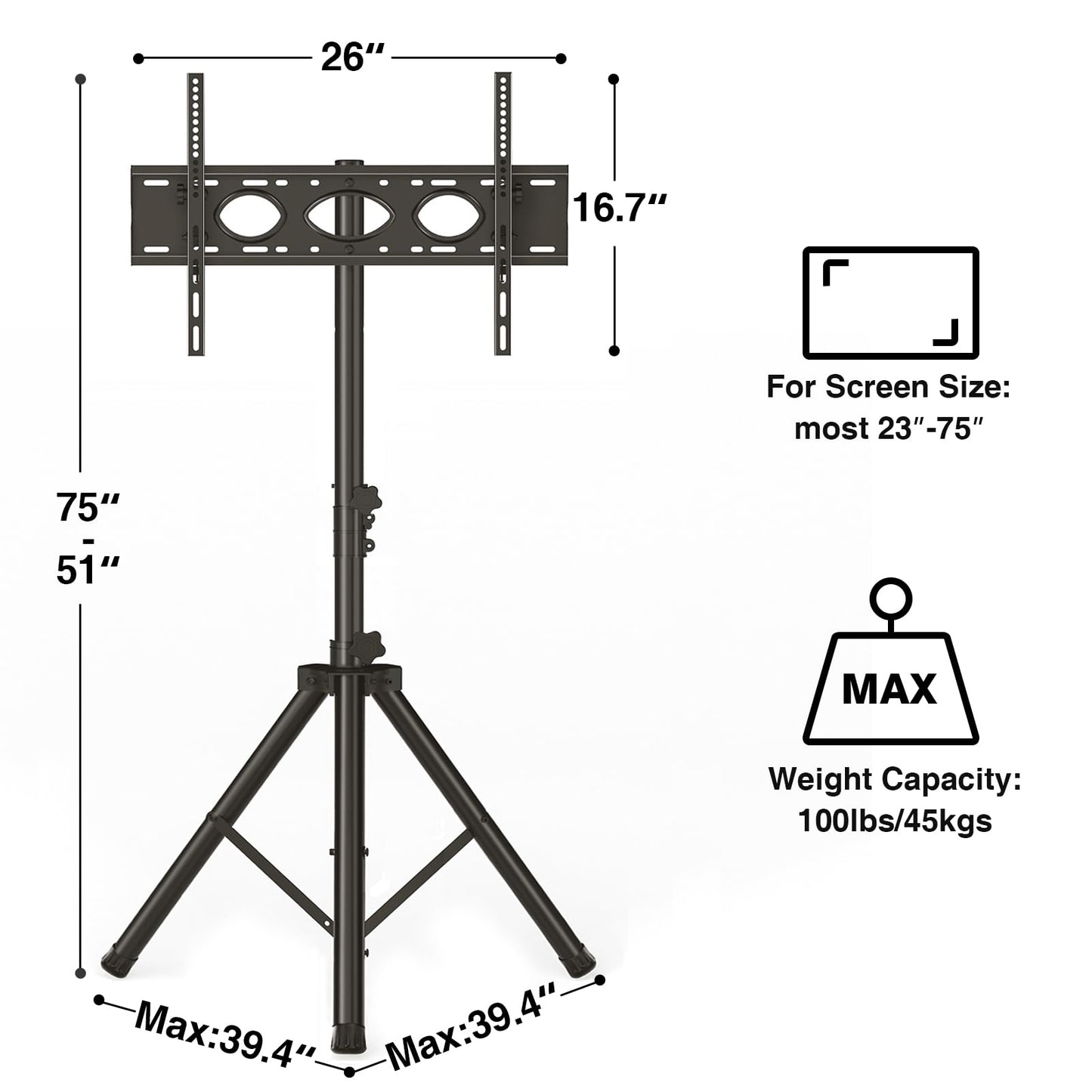 Tripod TV Stand for 23-75 inch Flat Screen/Curved TVs up to 100 lbs, Outdoor TV Stand with ±15° Tilt, Height Adjustable Portable TV Stand with Safety Design, Max VESA 600x400m, Black