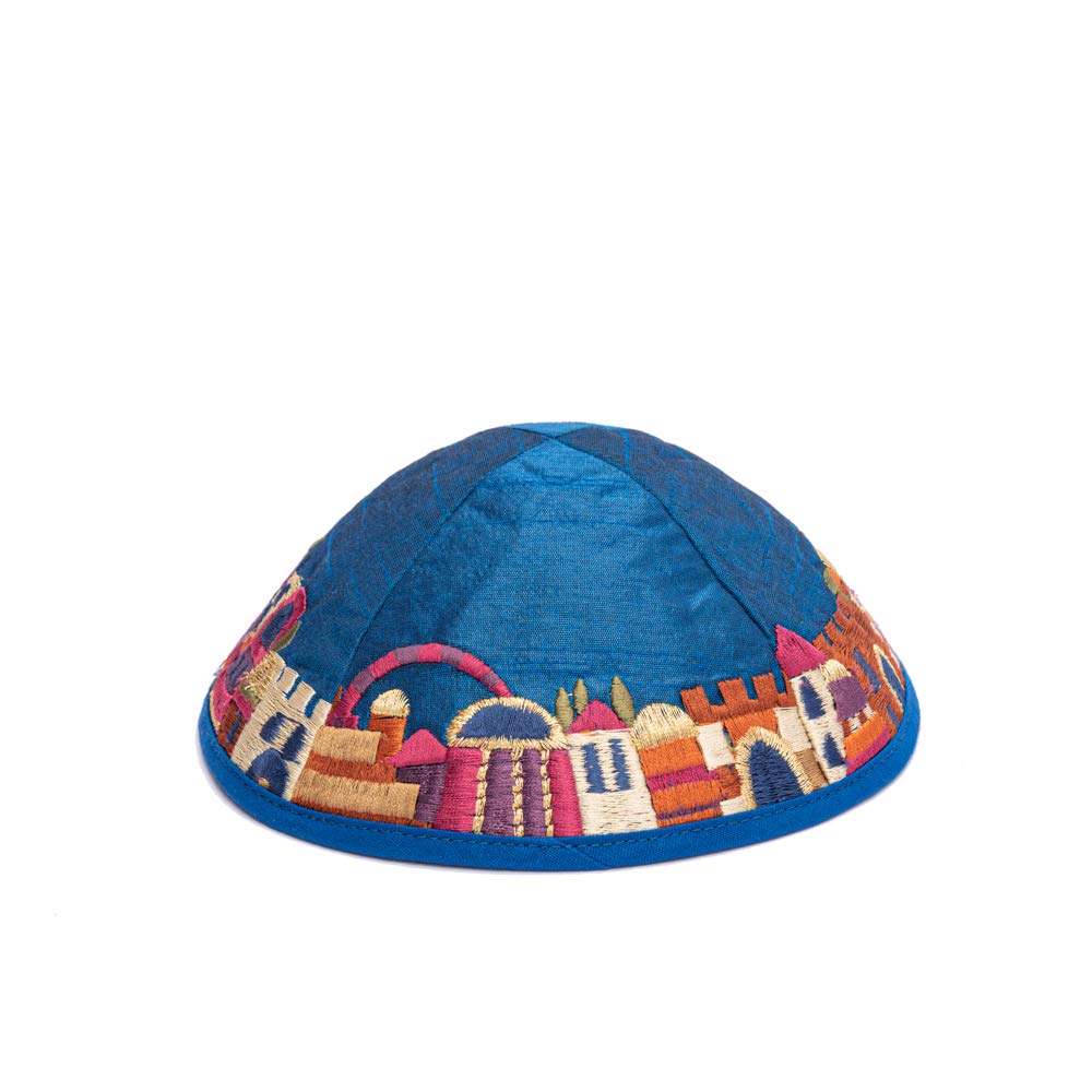 Yair Emanuel Blue Embroidered Jerusalem Design Kippah