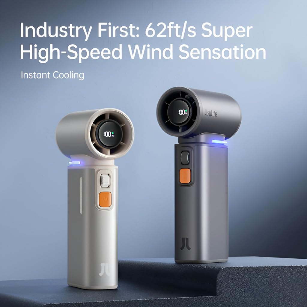 JISULIFE Portable Handheld Turbo Fan, 100 Speeds Adjustable Mini Personal Fan, 9000mAh USB Rechargeable Battery Operated, LED Display, Metal Shell with Accessories Gifts for Men Women Travel- Grey