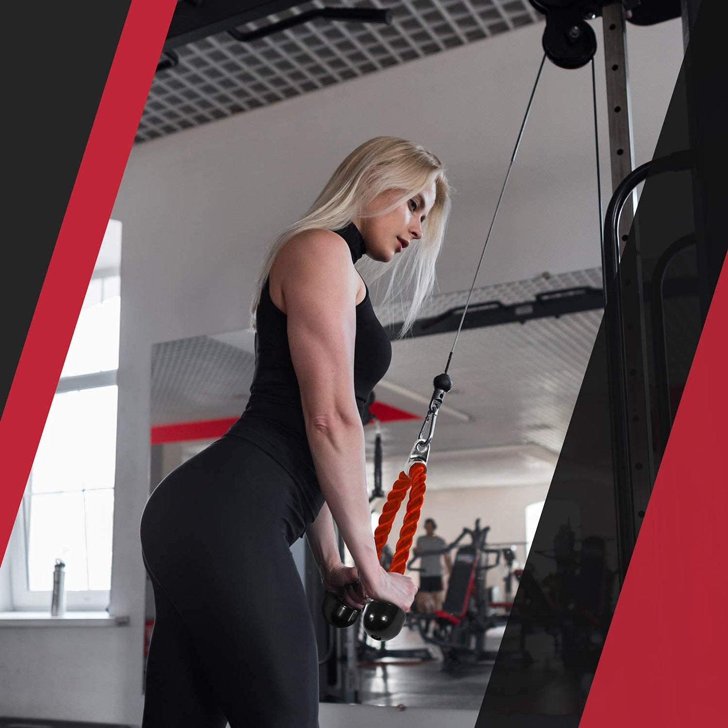 Yes4All Deluxe Red Tricep Rope 27 Inches Black Cable Attachment, Pulley System Gym Pull Down Rope with Carabiner, Exercise Machine Attachment