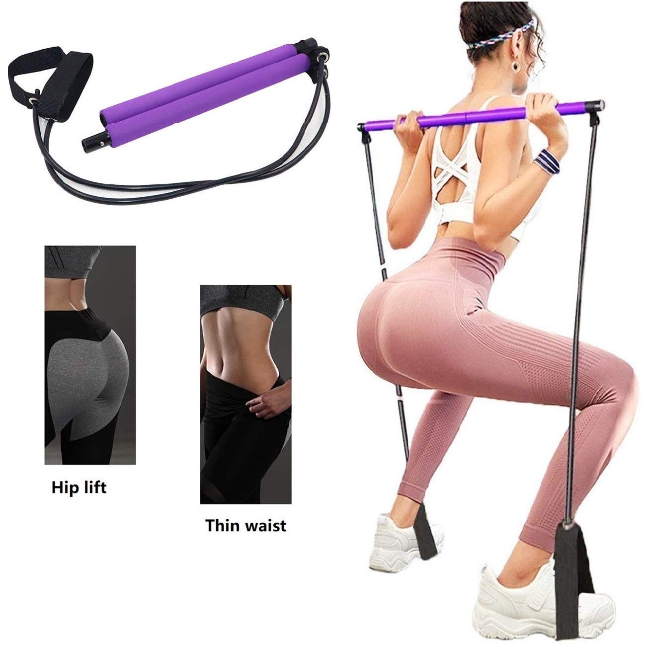 Portable Yoga Exercise Pilates Bar, Yoga Pilates Bar Reformer Kit, Pilates Bar Kit with Resistance Band,Home Gym Pilates with Foot Loop for Total Body Workout (Pink)