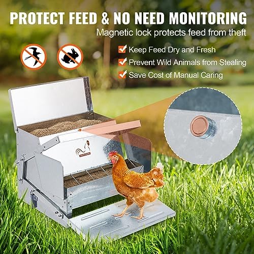 VEVOR Poultry Feeder, 25lbs Capacity, Feed Chicken Feeder with Lid & Lock, Outdoor Coop Food Dispenser, No Waste, Weatherproof Galvanized Metal Feeder for Ducks, Geese