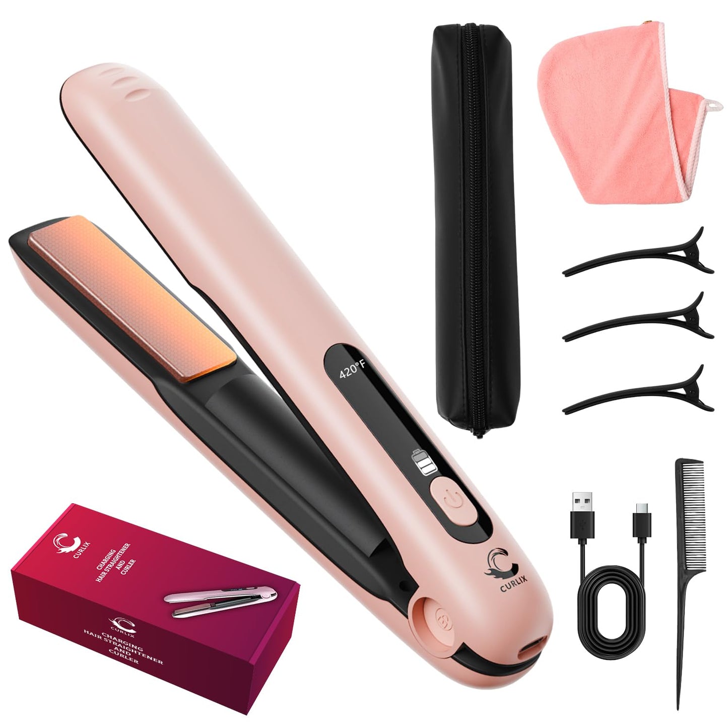 Curlix 2-in-1 Cordless Hair Straightener & Curler – Includes Carrying Pouch – Mini Travel Hair Straightener with LCD Display, USB-C Charging, 4 Temp Modes up to 420°F and Long Battery Life
