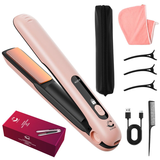 Curlix 2-in-1 Cordless Hair Straightener & Curler – Includes Carrying Pouch – Mini Travel Hair Straightener with LCD Display, USB-C Charging, 4 Temp Modes up to 420°F and Long Battery Life