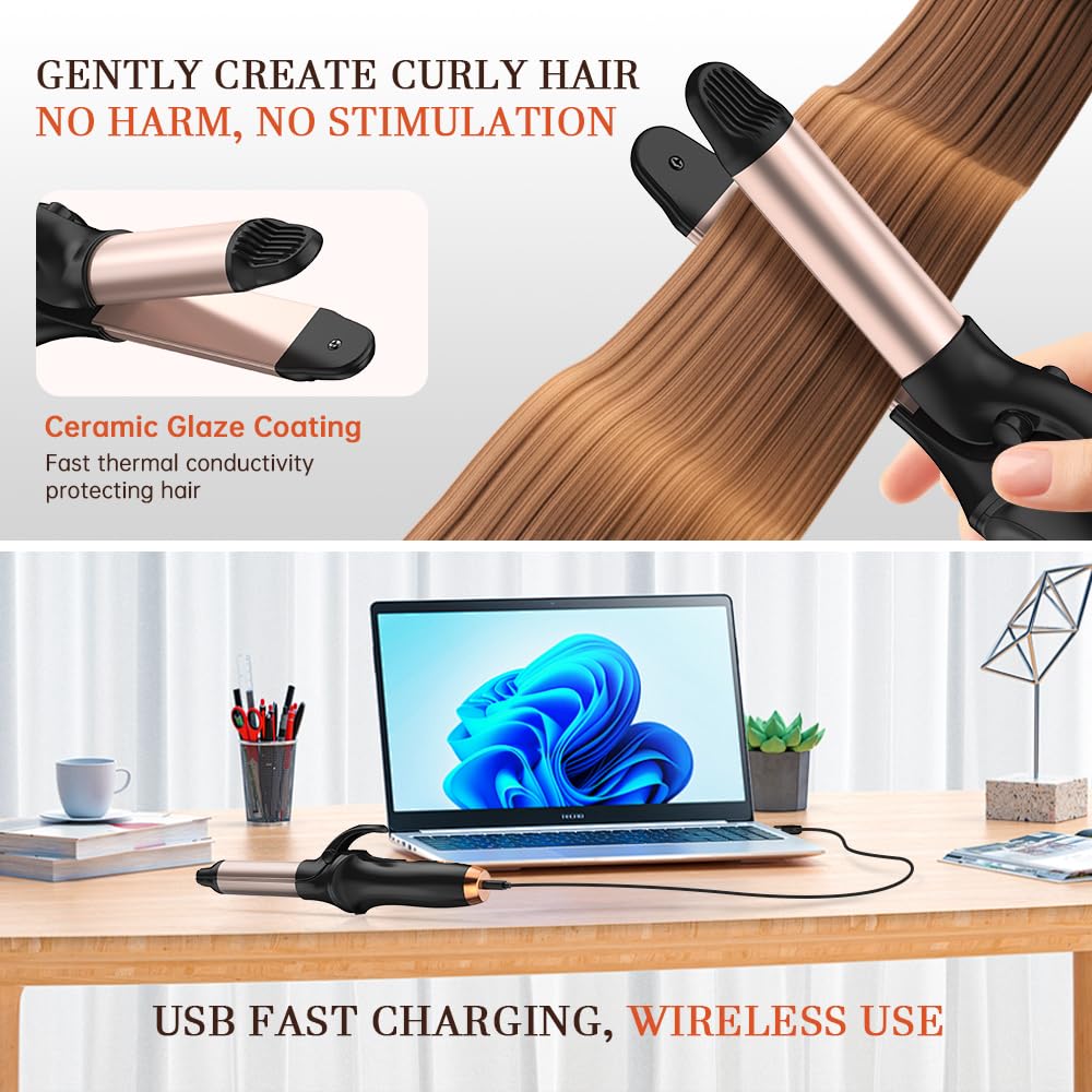 HCRTGAY Curling Iron,Cordless Rechargeable Curling Iron,Cordless Hair Curler(3 Gear),Travel Mini Flat Iron 4000 mAh,Battery Straightener and Curler 2 in 1 for Long Short Hair(Rose Gold & Black)