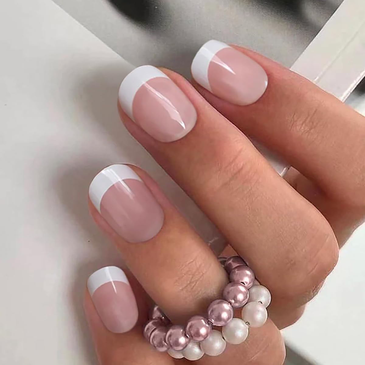 6 Packs (144 Pcs) Press on Nails Short - Jsiallye Flower Press on Nails Almond, Oval French Tip Press on Nails, Glue on Nails in 12 Sizes - 24 Fake Nails Kit, Stick on Nails for Women