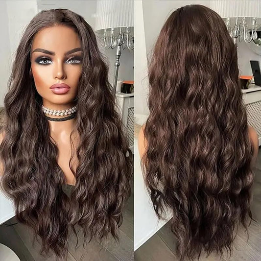 WXHWCX Long Brown Middle Part Wavy Wig For Women Heat Resistant Fiber Hair Synthetic Lace Front Wigs Daily Party Use Wigs