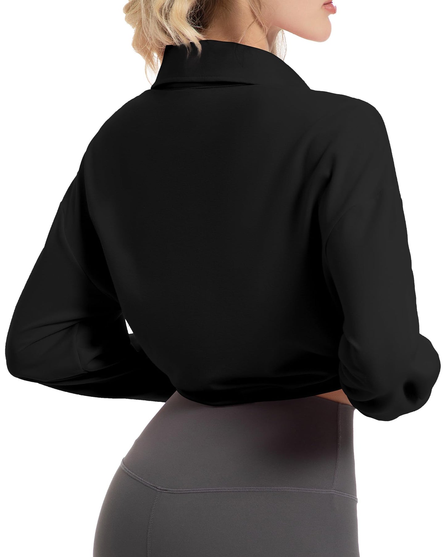 FKEEP Quarter Zip Pullover Women Cropped Sweatshirt Long Sleeve Crop Top Stand Collar Drawstring Casual Pullover Black