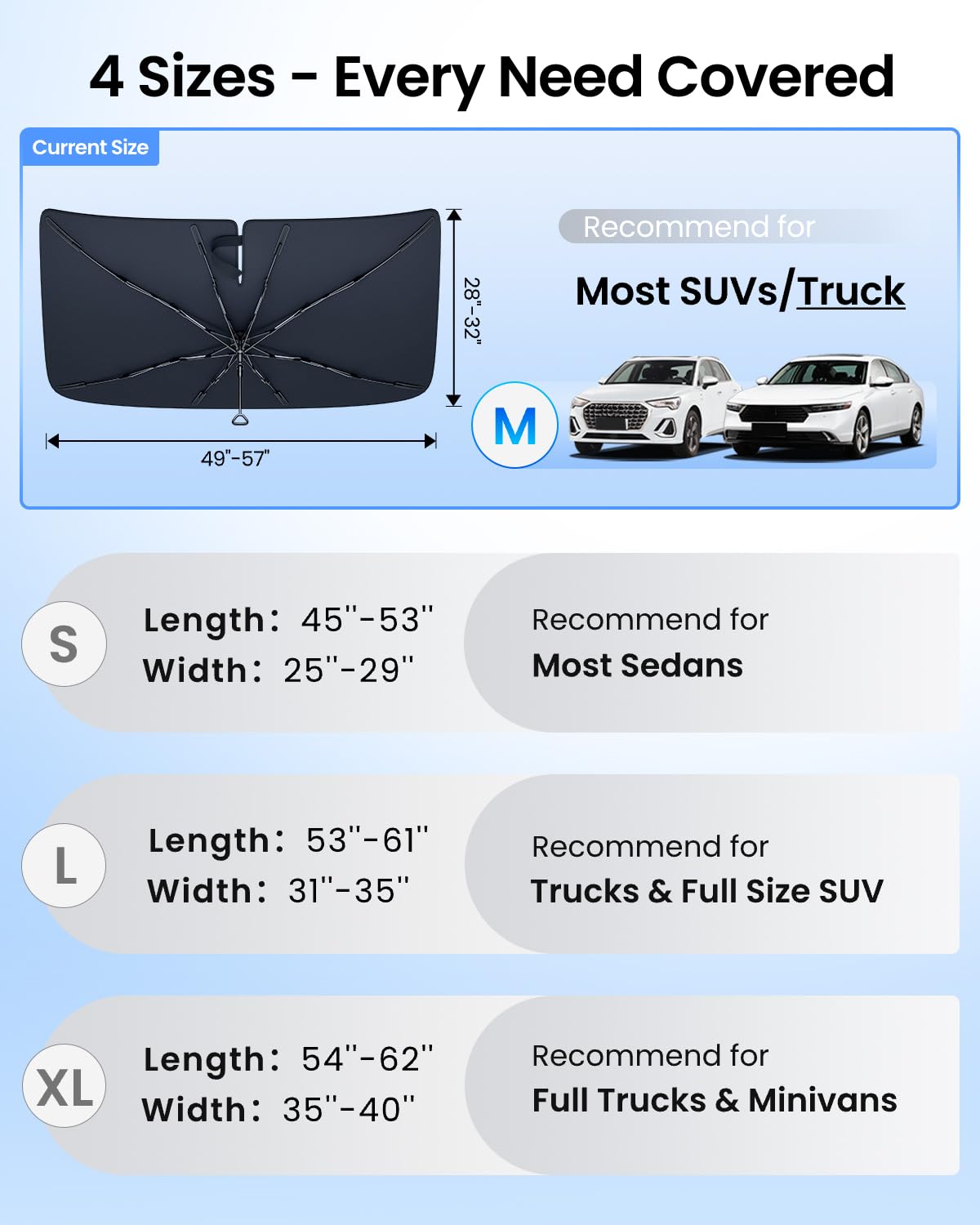REEVAA 2025 Upgraded Car Windshield Sun Shade Umbrella [100% Sun Protection & Keep Cool] Protect Interior, 360° Flex Handle Sun Shield Sunshade, Medium (57''x32'') for Most SUV/Truck