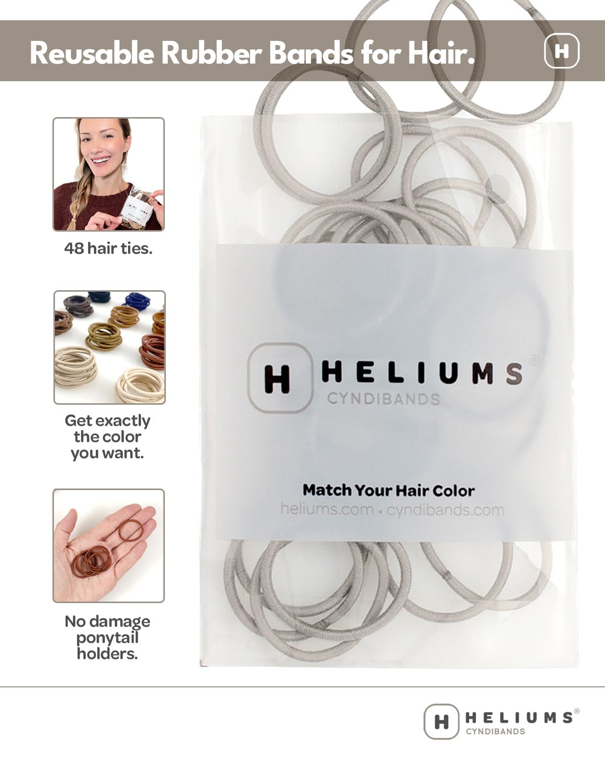 Heliums Small Hair Ties - Light Gray - No Damage Mini 1 Inch Reusable 2mm Elastics for Thin Hair and Kids, Neutral Ponytail Holders - 48 Count
