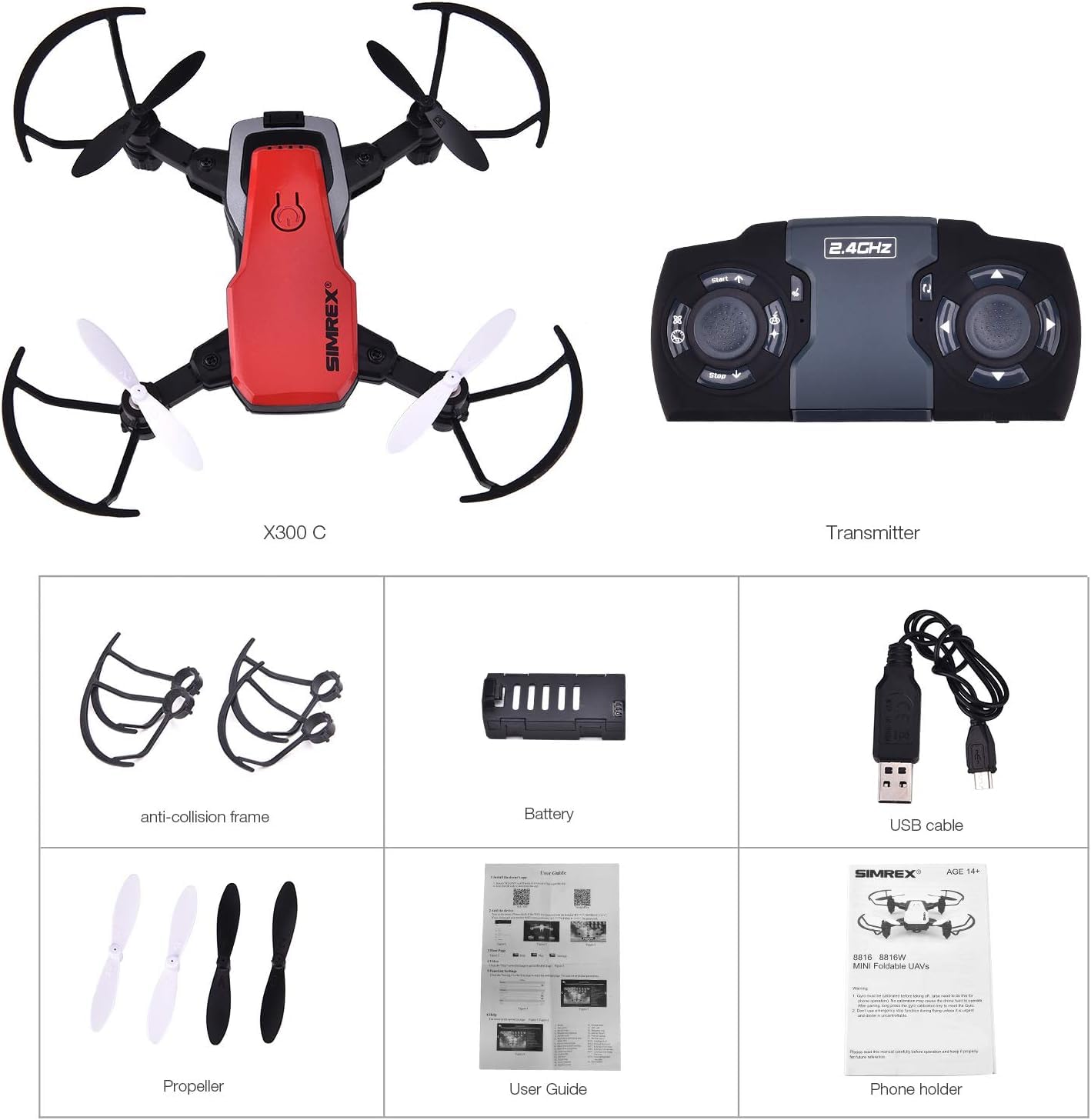 SIMREX X300C Mini Drone with Camera 720P HD FPV, RC Quadcopter Foldable, Altitude Hold, 3D Flip, Headless Mode, Gravity Control and 2 Batteries, Gifts for Kids, Adults, Beginner, Red