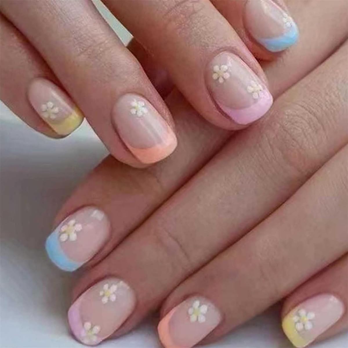 6 Packs (144 Pcs) Press on Nails Short - Jsiallye Flower Press on Nails Almond, Oval French Tip Press on Nails, Glue on Nails in 12 Sizes - 24 Fake Nails Kit, Stick on Nails for Women