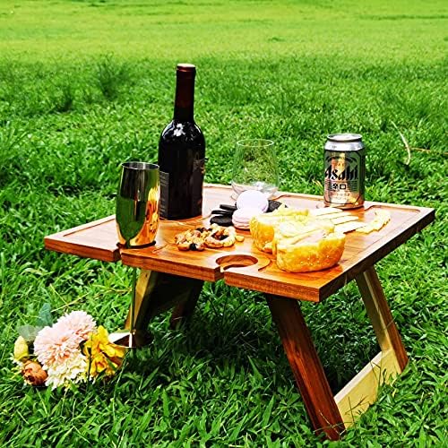 Portable Wine Picnic Table, Acacia Wood, Larger Tray Foldable, Charcuterie Board, Wine Gift, Decoration for Romantic Camping, Engagement Party, Concerts at Park, Glamping, Wood Color