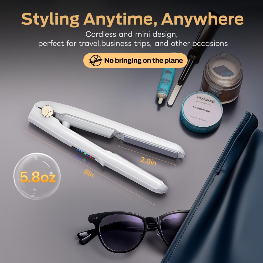 Cordless Hair Straightener and Curler 2 in 1 Ceramic Flat Iron Mini Cordless Portable Travel Hot Tools Straight Curl for Women Men USB Rechargeable with Pouch (White)