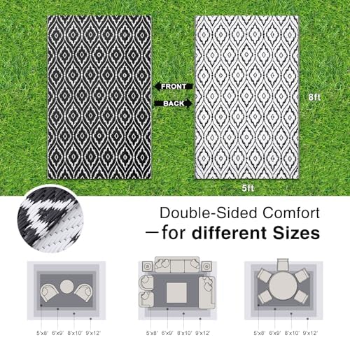 OLANLY Outdoor Rug 5x8 ft Waterproof, Outdoor Plastic Straw Rug with Geometric Pattern Clearance, Reversible RV Mat for Patio, Camping, Balcony, Deck, Backyard, Black & White