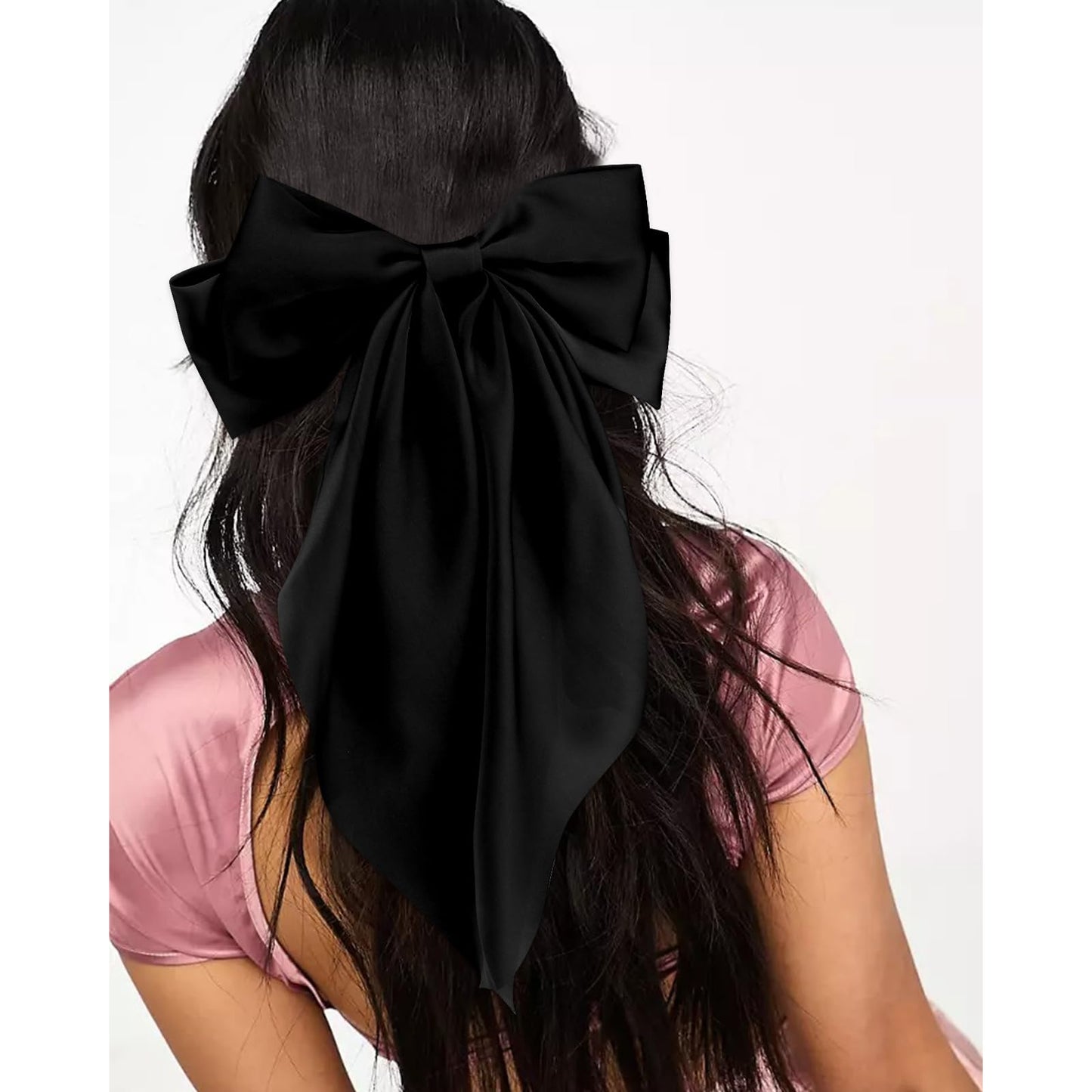 Velscrun Hair Accessories: 3Pcs Silky Satin Oversized Hair Bows and Barrettes in White, Black, and Dark Blue - Large Ribbons with Long Tails for Women and Girls