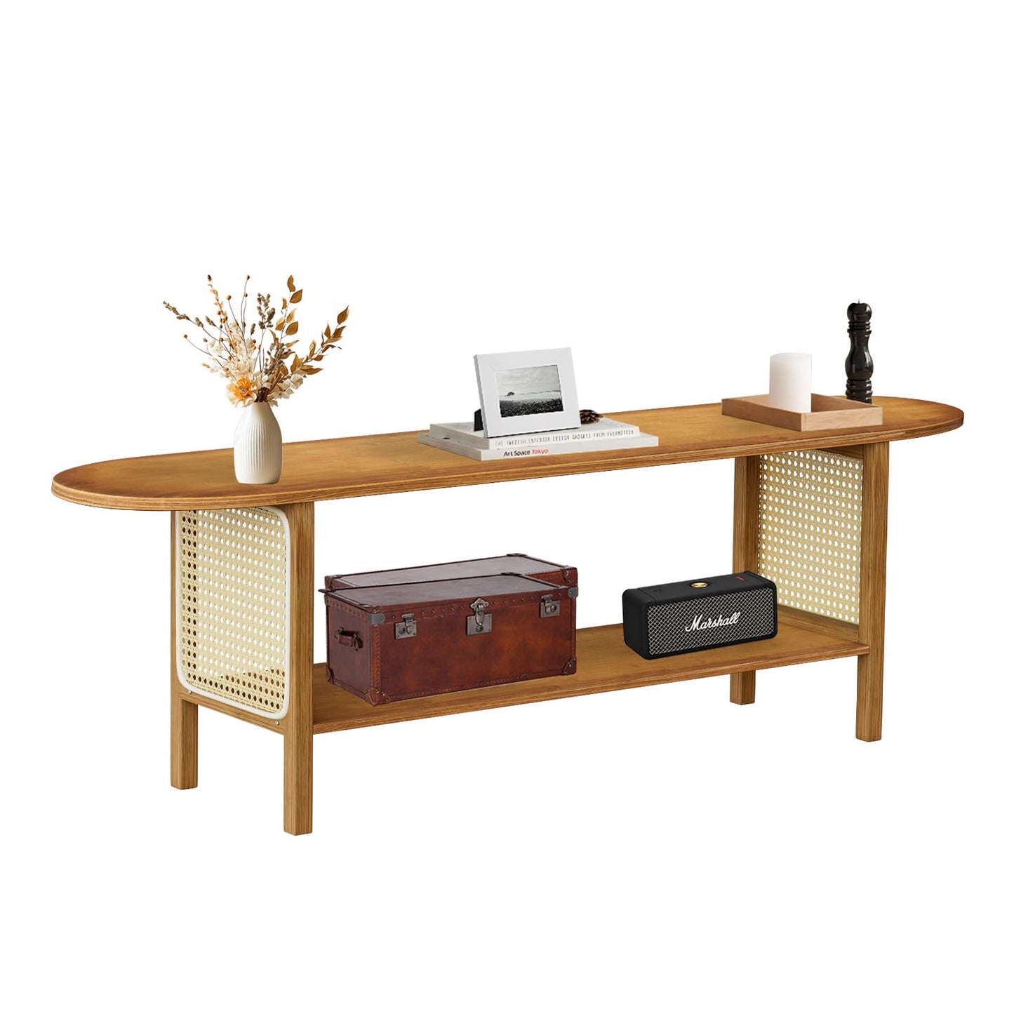 Mordchil HF Bamboo TV Stand for TVs up to 65", Accent Entertainment Center with Storage, Media Console Table with Rattan, Modern TV Stand for Living Room, Bedroom, 55"(L), Walnut