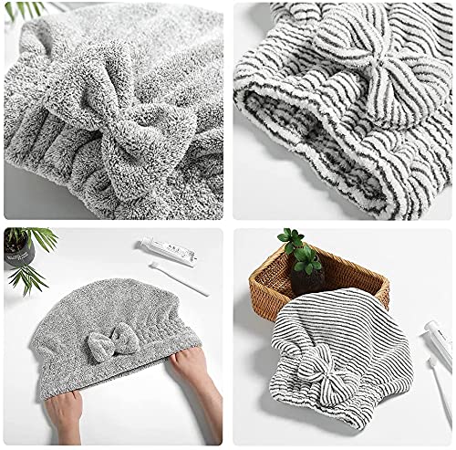 SportMore Microfiber Hair Towel Wrap, Soft Absorbent & Quick Drying Cap Set for Curly Thick Hair, Women & Girls - 2 Pcs (Stripe & Gray)