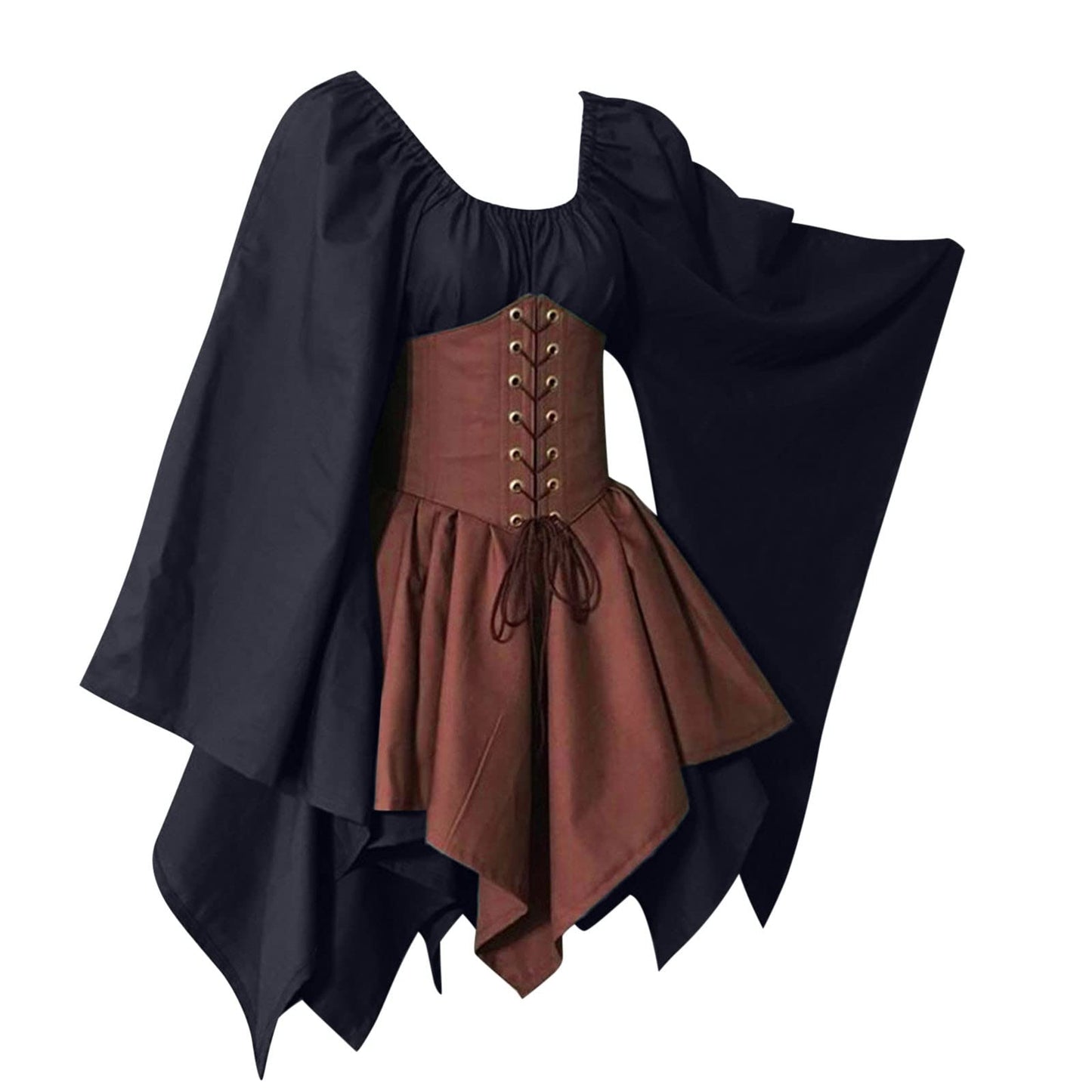 KEGIRLOM Max Subscription for Prime Members Women's Medieval Renaissance Dress Costume Flare Sleeve Corset Skirt Overskirt Elven Archer Irish Over Gown 2pcs Set,Medieval Dress for Women Hooded