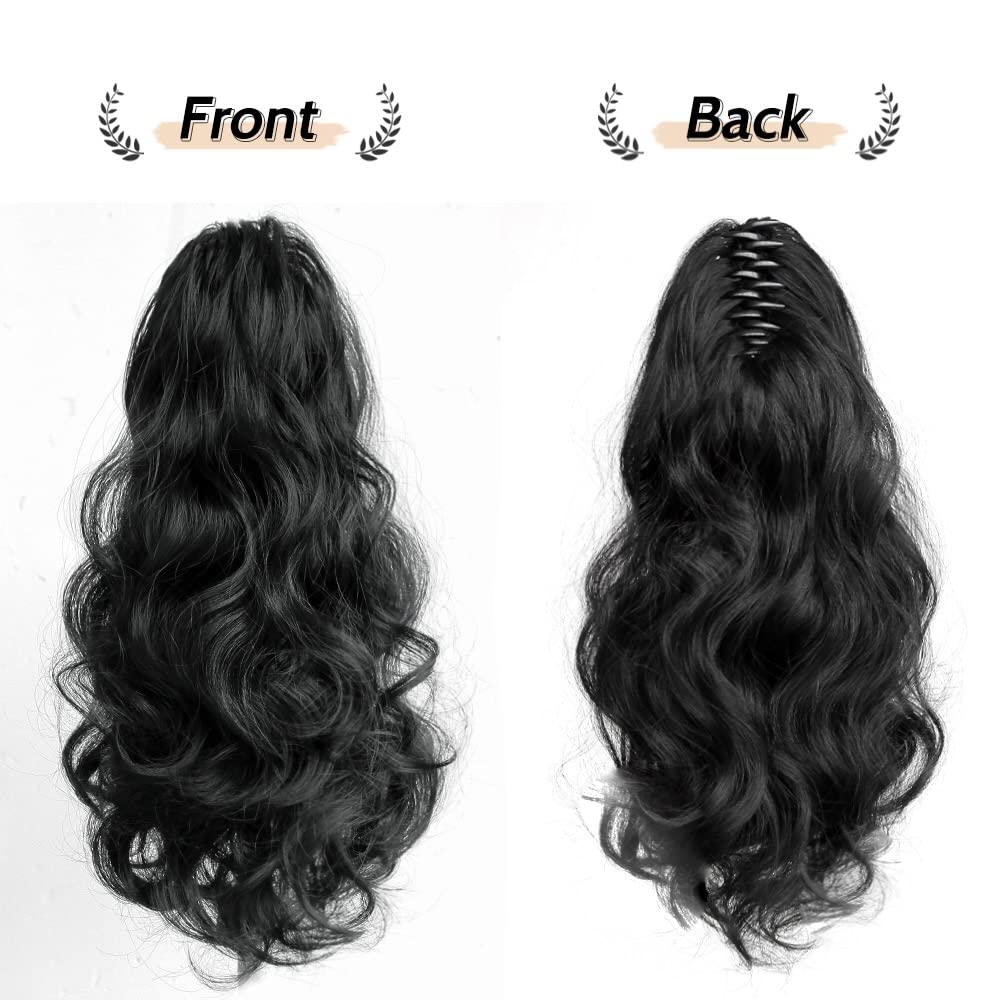 StrRid Natural Black Claw Ponytail Extension Wavy 16" Synthetic Curly Fake Clip in Extensions Wig Hair Pieces Fluffy Not Easily Knotted Clips on Ponytails for Women Wedding Party Daily Use 6 Oz