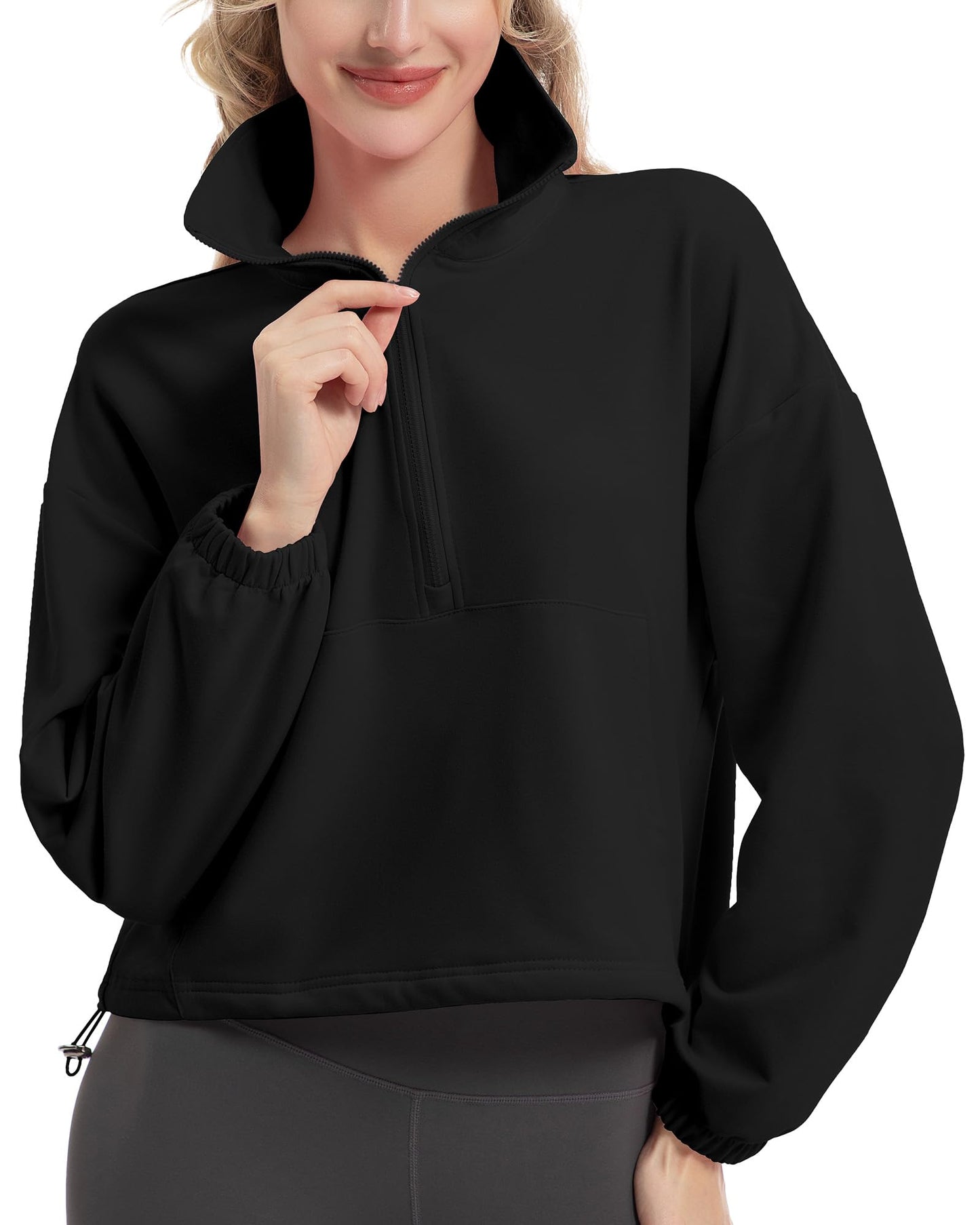 FKEEP Quarter Zip Pullover Women Cropped Sweatshirt Long Sleeve Crop Top Stand Collar Drawstring Casual Pullover Black