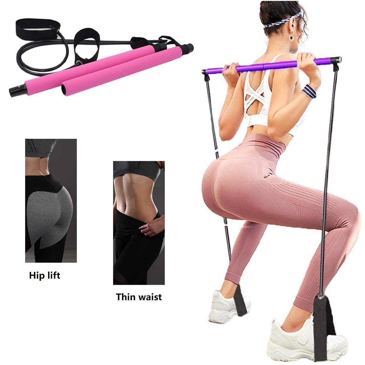 Portable Yoga Exercise Pilates Bar, Yoga Pilates Bar Reformer Kit, Pilates Bar Kit with Resistance Band,Home Gym Pilates with Foot Loop for Total Body Workout (Pink)