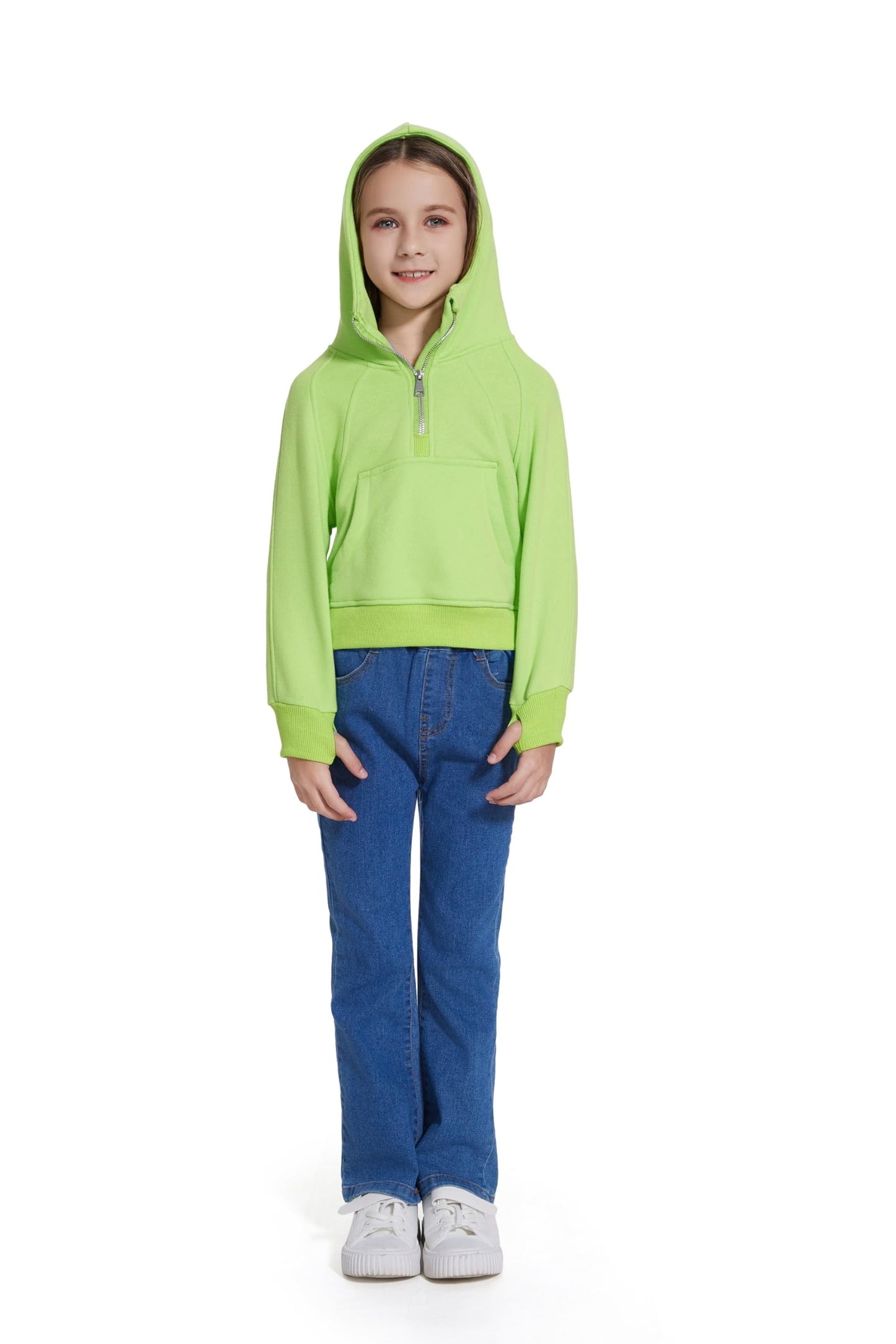Fdqin Sweatshirt for Kid Half Zip Up Cropped Hoodies for Girls Fleece Pullover Tops Winter Clothes Neon Green 7-8Years