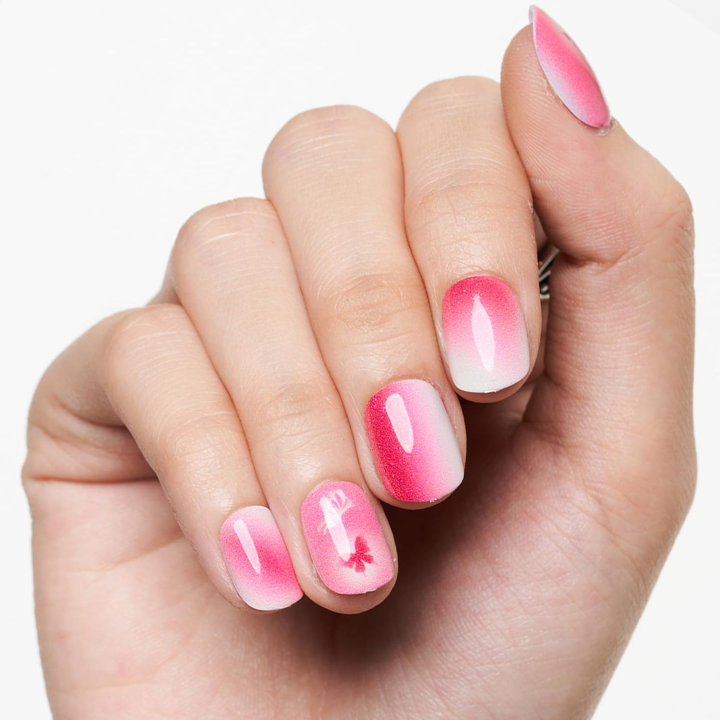 GLAMERMAID Hot Pink Ombre Extra Short Press on Nails, Y2K Butterfly Fake Nails Short Squoval, Natural Round Square Glue on Nails Glossy Gel, Acrylic False Nails Manicure Kits for Women, Reusable Nails