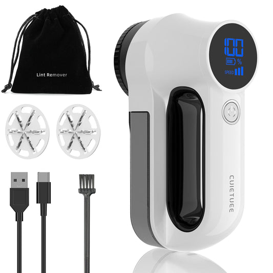 CuieTuee Fabric Shaver Rechargeable Electric Lint Remover Lint Shaver Sweater Shaver Pilling Remover with Led Digital Display 3-Gears Adjustable 6-Blades for Clothes Couch Curtain Cashmere-White