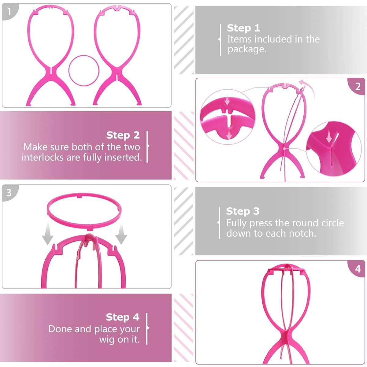 Dreamlover Wig Head Stand, Wig Holder, Hot Pink, 3 Packs