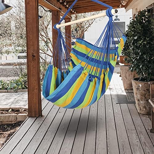 Highwild Hanging Rope Hammock Chair Swing Seat for Any Indoor or Outdoor Spaces - 500 lbs Weight Capacity (Blue Striped.)