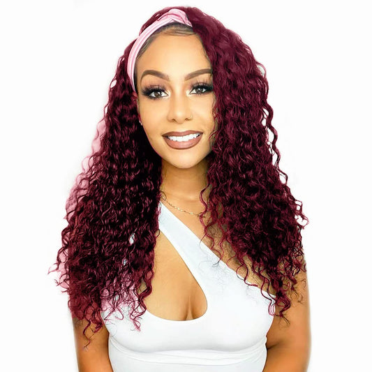 Celiarita Red Burgundy Headband Wigs Human Hair Deep Wave 16 Inch None Lace Front Wigs Curly Human Hair Headband Wig Glueless Machine Made Deep Wave #99J Headband Wig for Black Women 150% Density…