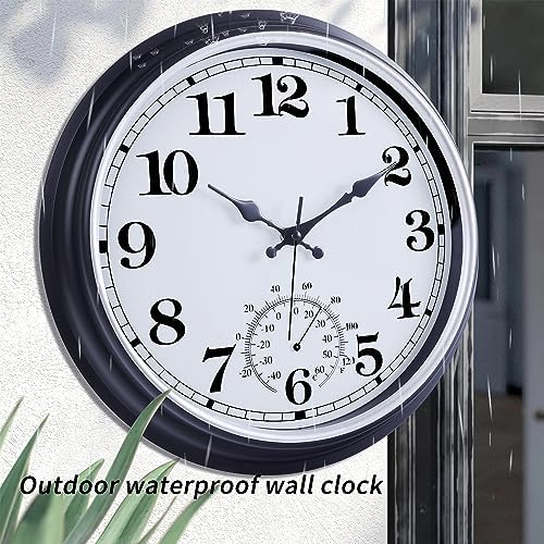 QWARVEL 16 Inch Large Outdoor Clock, Retro Waterproof Indoor/Outdoor Clock Non-Ticking Clock with Thermometer, Battery Operated Wall Clock for Patio, Garden, Pool - Black