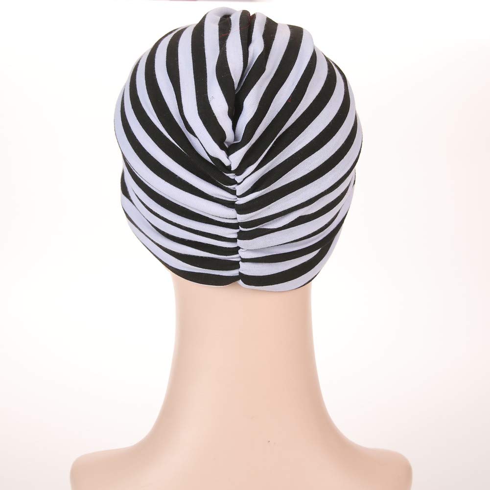 Cotton Striped Beanie Turban Chemo Hat Head Wrap Cap Headwear for Cancer Patients (Black/White)