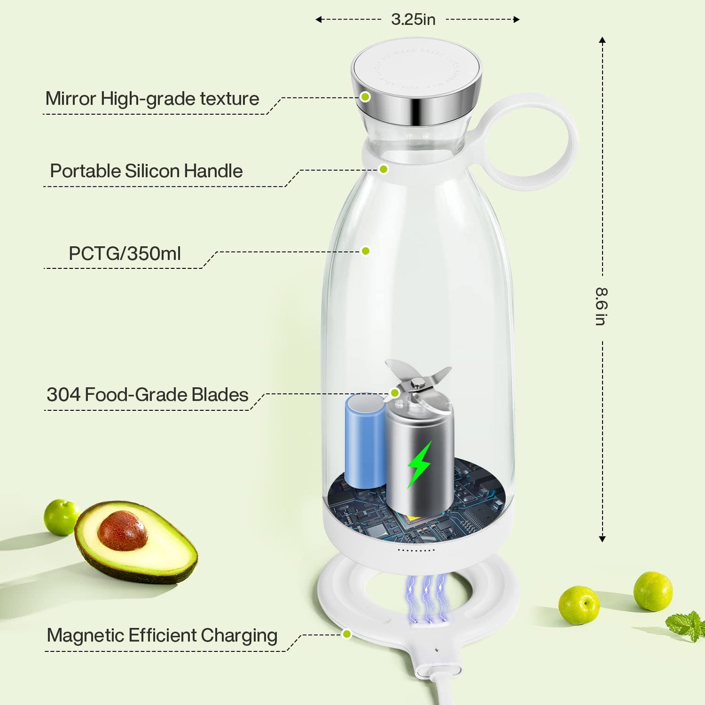 MIAOKE Portable Blender,Fashion Portable Blender for Shakes and Smoothies 11.8 Oz,Magnetic USB Fast Charging Mini Mixer Bottle,Take It for Traveling, Outdoor, Gym, Office, Cars, Gift -WH