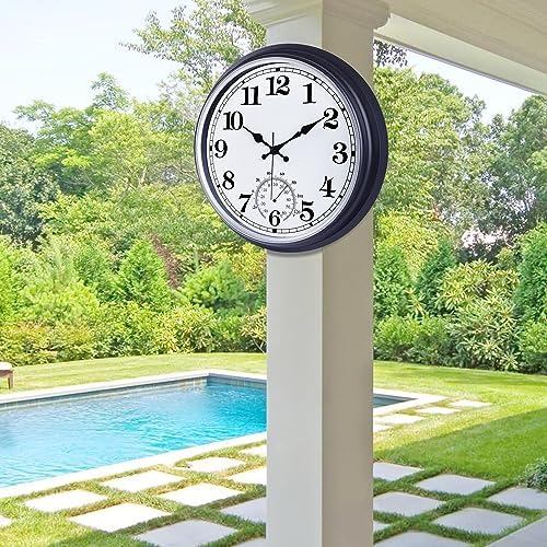 QWARVEL 16 Inch Large Outdoor Clock, Retro Waterproof Indoor/Outdoor Clock Non-Ticking Clock with Thermometer, Battery Operated Wall Clock for Patio, Garden, Pool - Black