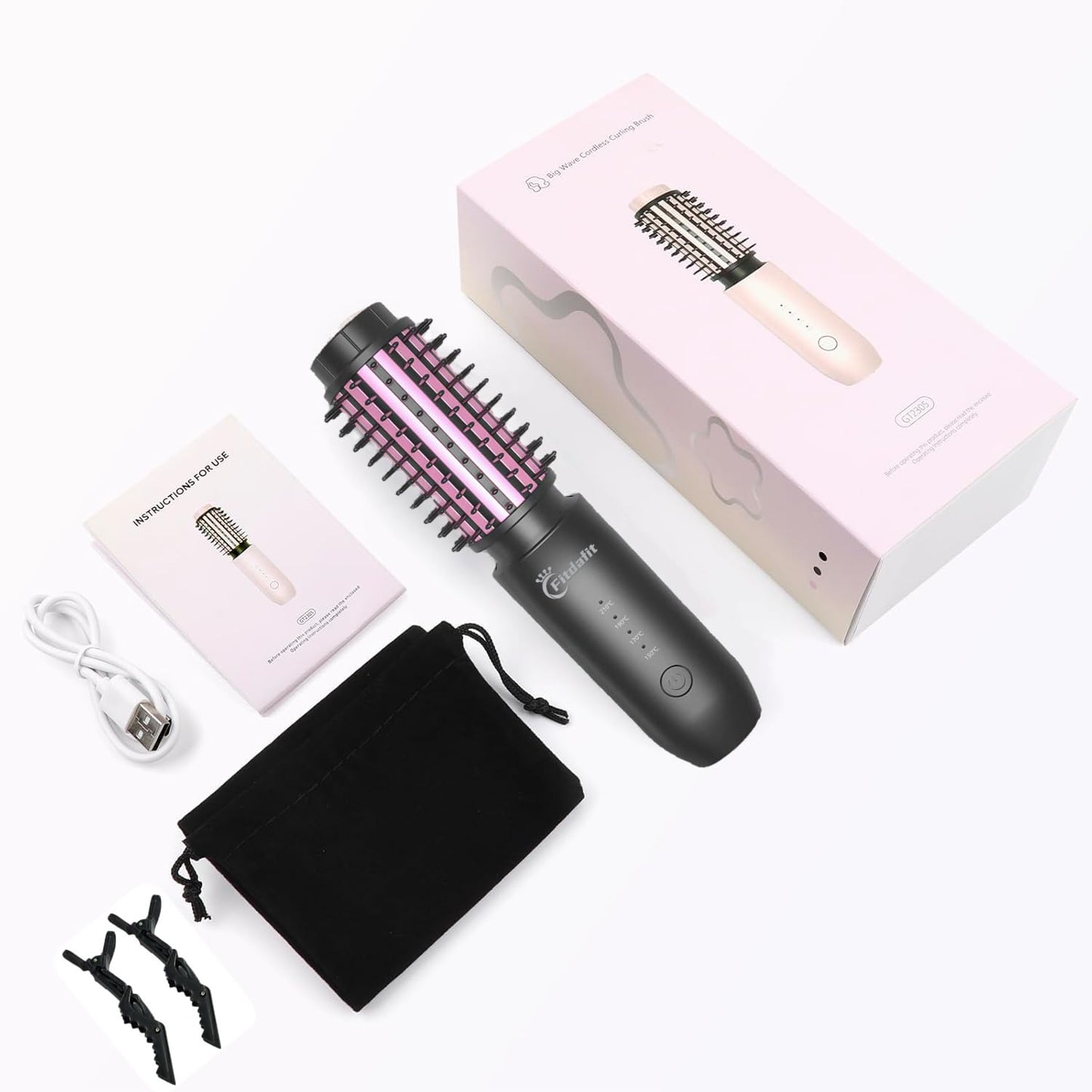 Fitdafit Cordless Hair Curling Iron Brush, 1.5" Mini Cordless Hair Curler, 3-in-1 Travel Curling Brush Hair Straightener Comb Rechargeable, 410℉ Heated Ionic Curling Tool for All Styles, Black