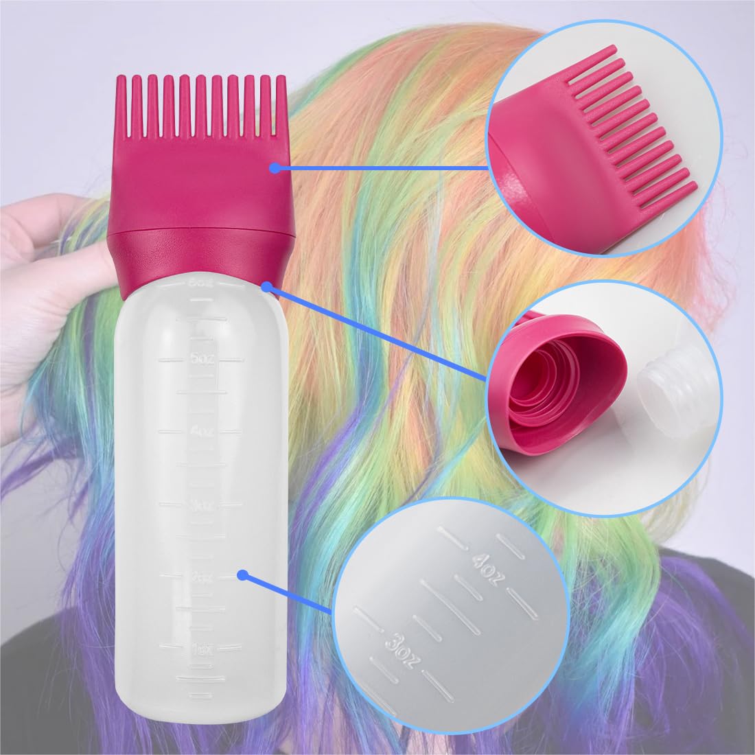 FZWONVUC 4 Pack Root Comb Applicator Bottle, Hair Oil Applicator, Oil Comb Applicator Bottle for Hair Dye Shampoos Hair Salons (Purple+Red+Grey+Green)
