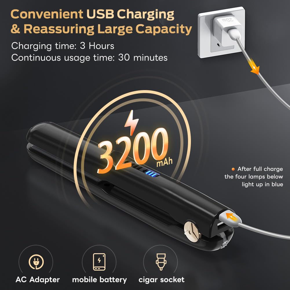 Cordless Hair Straightener and Curler 2 in 1 Ceramic Flat Iron Mini Wireless Portable Travel Hot Tools Straight Curl for Women Men USB Rechargeable with Pouch (Black)