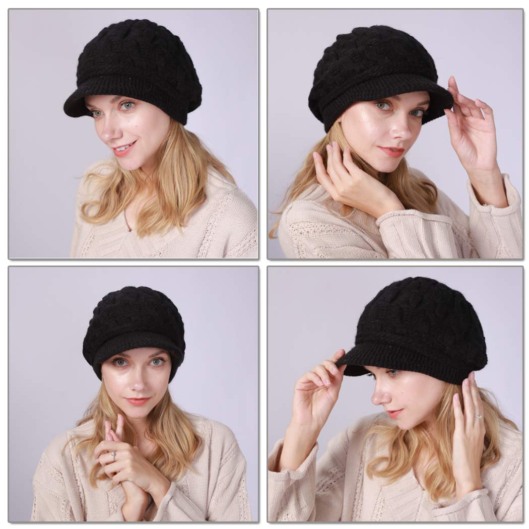 Blufly Winter Hats Cable Knitted Beanie Hat with Visor Beret Ribbed Ski Beanie Cap Slouchy Skull Hat Cap Headwear for Women and Girls (Black)