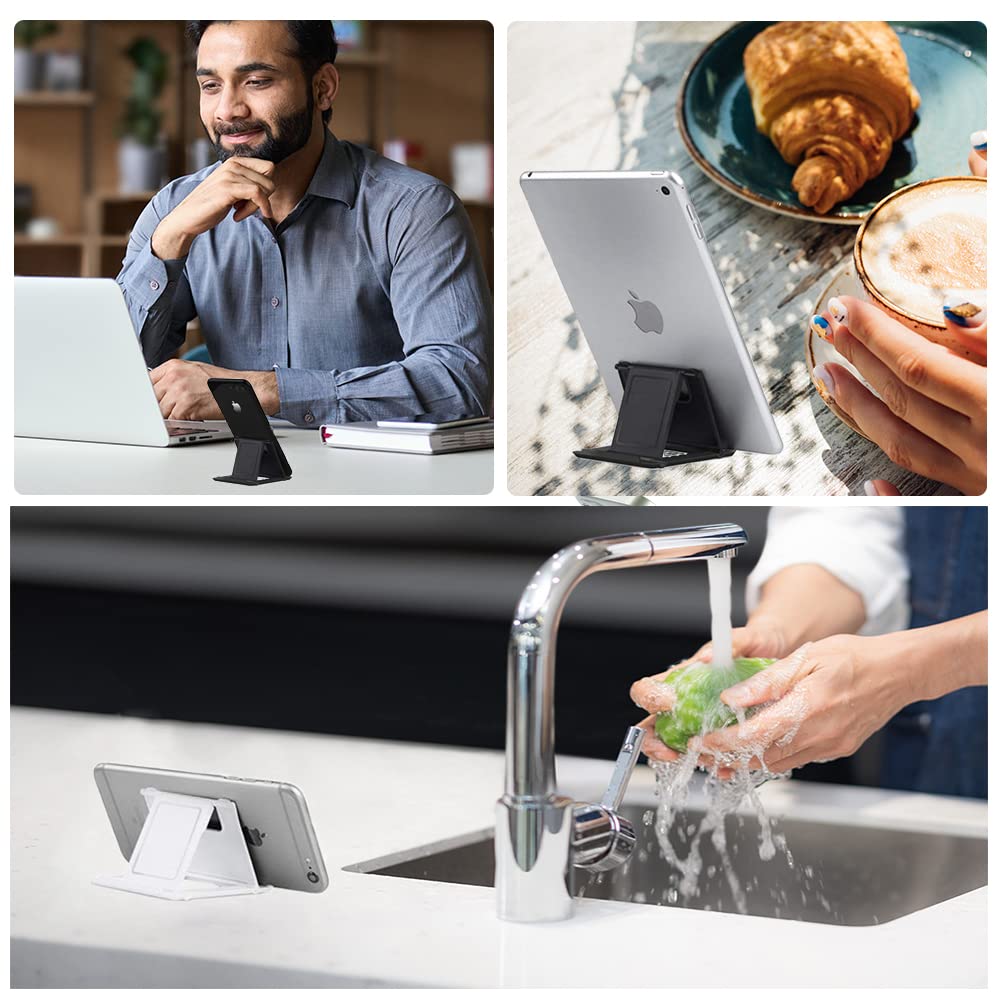 Kemoxan 2 Pack Portable Cell Phone Stand Holder for Desk, Foldable Pocket-Sized Mount, Universal Adjustable Desktop Mobile Phone Kickstand Compatible with iPhone IPads Kindle Android Black & White