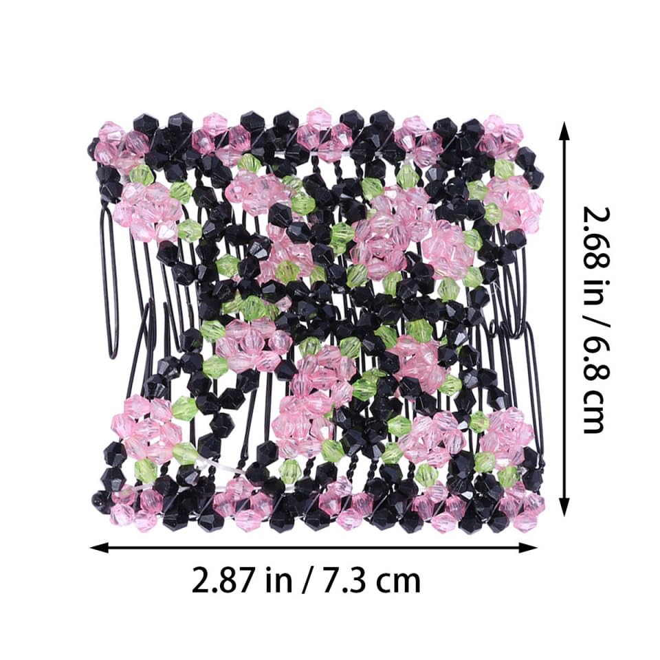 LALAFINA 3pcs Double Clips Hair Combs Adjustable Elastic Hair Clips Stretch Beaded Hair Combs Pink Rose Shaped Hair Accessories for Women Girls