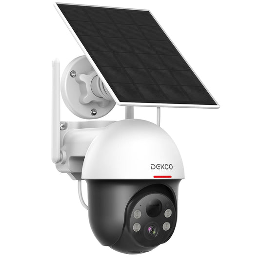 DEKCO Solar Security Camera Outdoor Wireless, Battery Powered, Panoramic Pan Tilt Zoom, Auto Motion Tracking, True 2K, Color Night Vision, Spotlight, 2-Way Talk