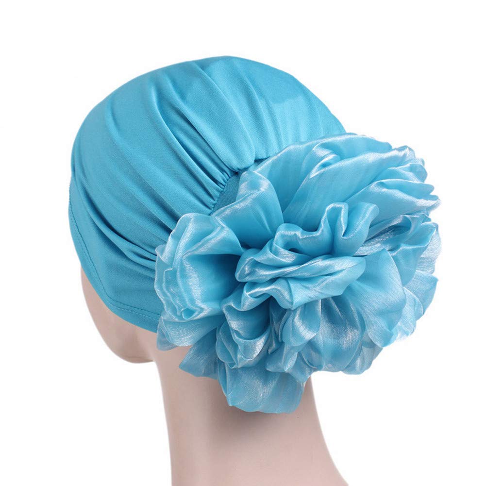 Muslim Women Flower Elastic Turban Beanie Head Scarf wrap Chemo Cap hat for Cancer Patient (Blue)