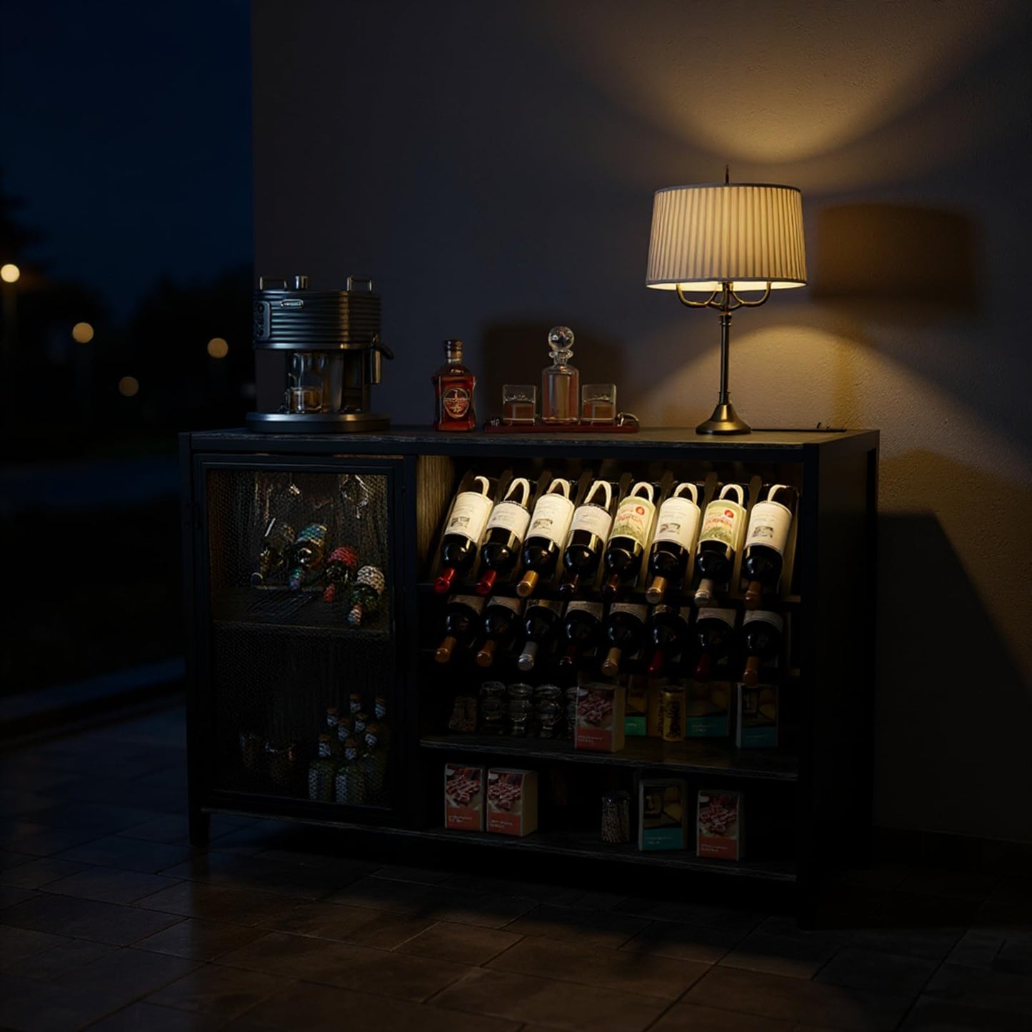 Wine Bar Cabinet with Socket and RGB Light, 47'' Home Coffee Bar Cabinet with Wine Rack and Glass Holder Buffet Sideboard TV Stand Liquor Cabinet for Living Room, Dining Room, Kitchen, Bar Grey