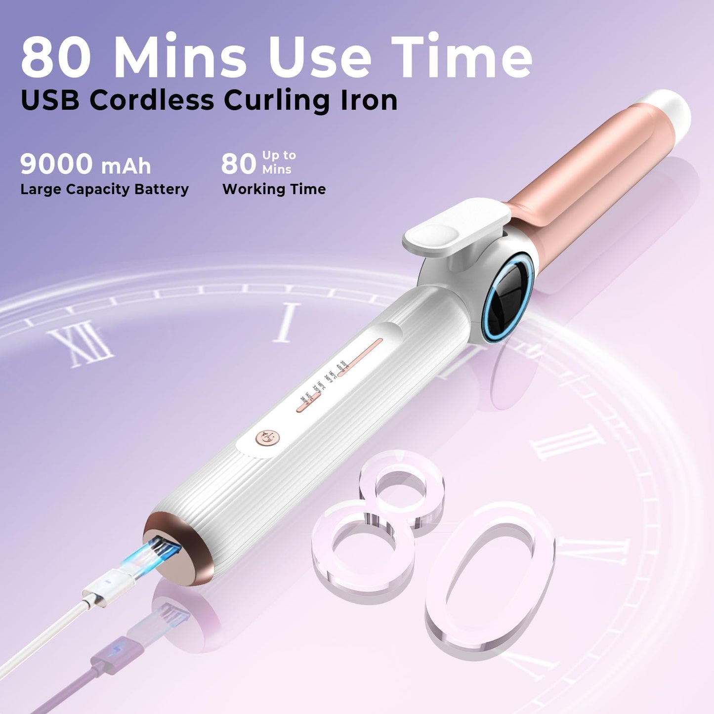 Cordless Curling Iron 9000 mAhUSB Rechargeable, 4 Temps Setting Cordless Hair Curlers, 280°F-400°F Travel Cordless Curling Wand, Wireless Ceramic Hair Styling Tools Hot Rollers Hair Curlers