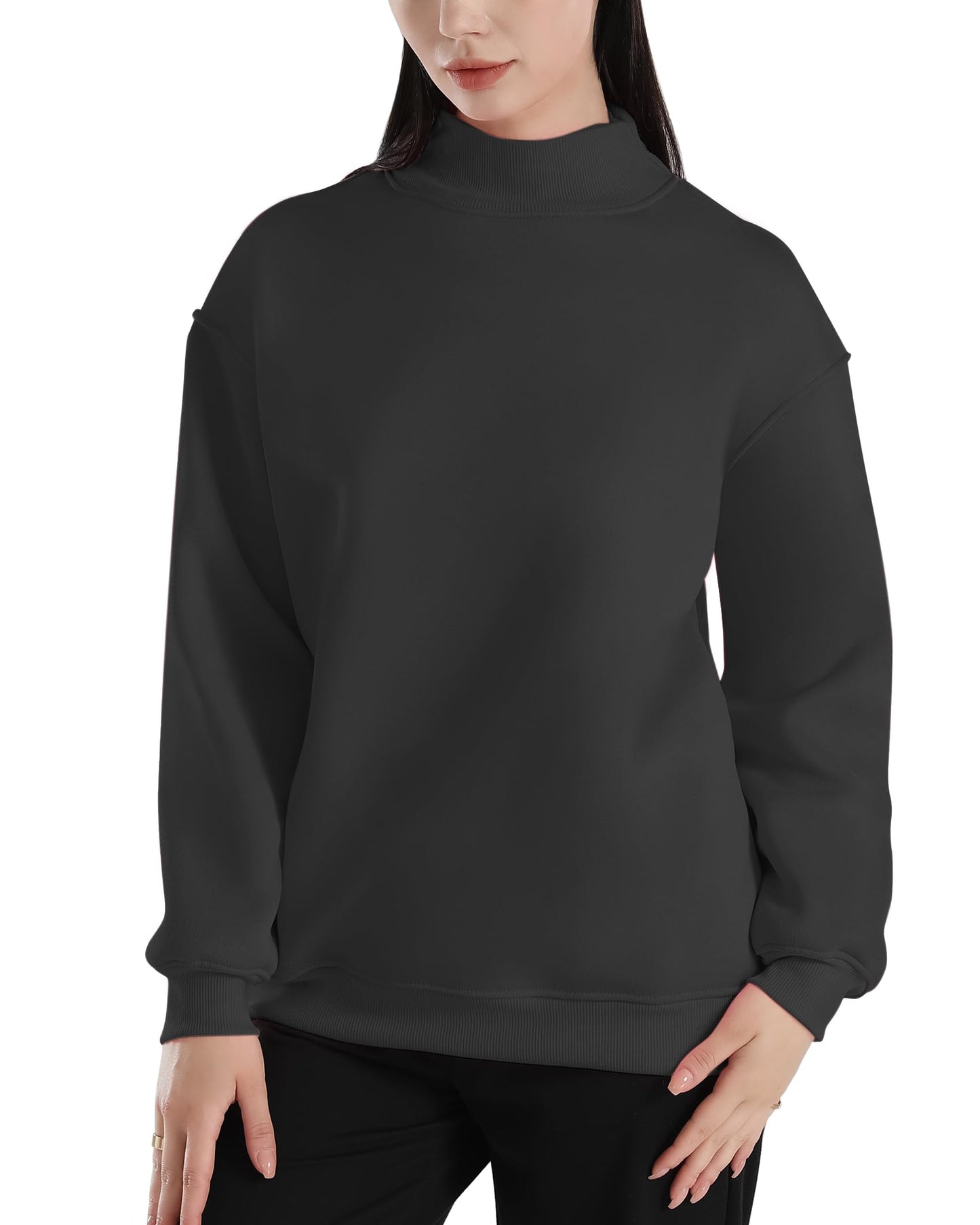 Jomiolo Long Sleeve Cute Hoodies Winter Clothes For Women Tops Womens Oversized Crew Neck Sweatshirt Turtleneck Pullover-Black-L