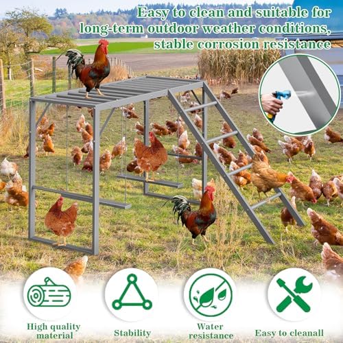 Chicken Perch Swing, Chicken Roosting Bars with Ladder for Coop, Metal Pet Swing Set for Pet's Healthy & Happy for 8-10 Chick, Grey