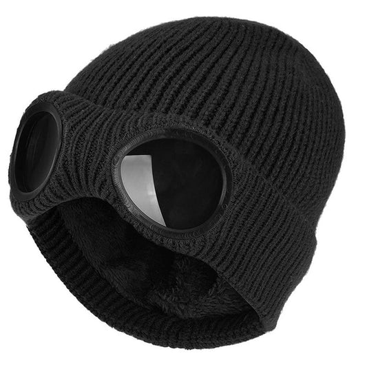 TecHong Unisex Knitted Goggles Beanie - Winter Stylish Skull Warm Cap, Outdoor Sports Fashion Fleece Lining Stretchy Hat Black