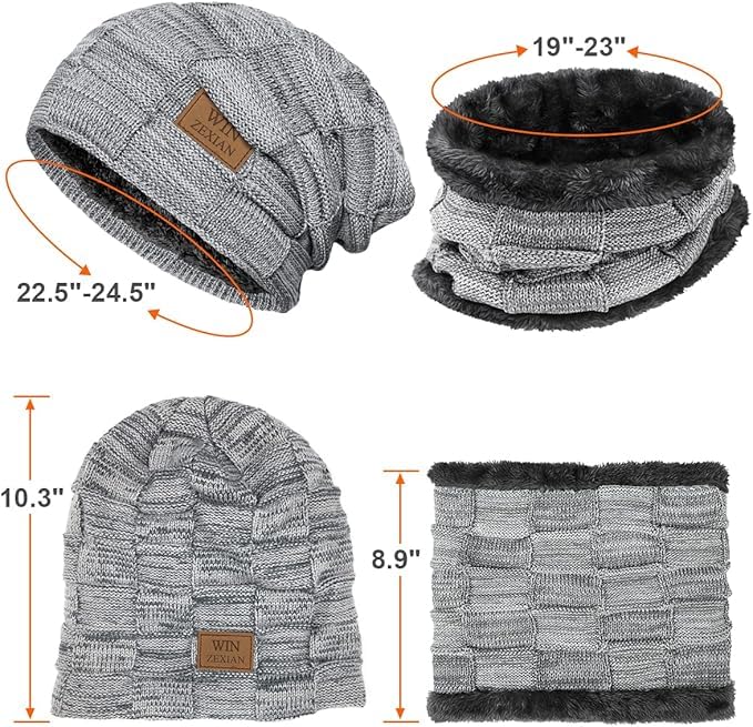 Mens 3 Pieces Winter Warm Beanie Hat Scarf and Touchscreen Gloves Set,Knit Cap Neck Warmer with Fleece Lined (Beanie+Scarf+Gloves(Grey01))